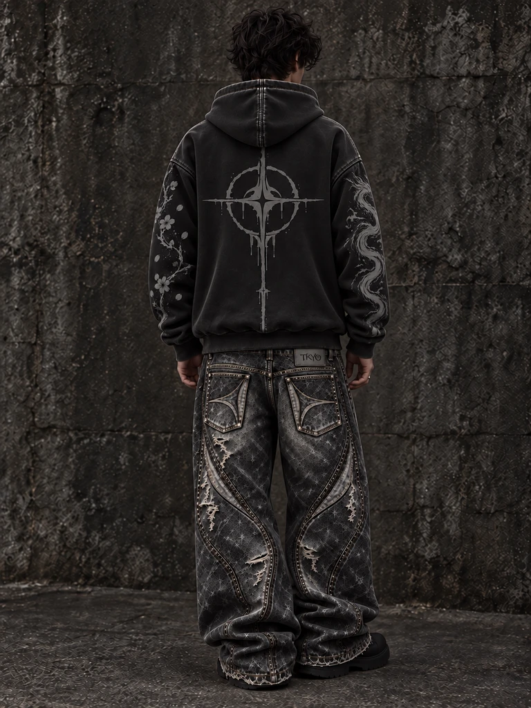 Rear view of the collection’s artwork and denim panels