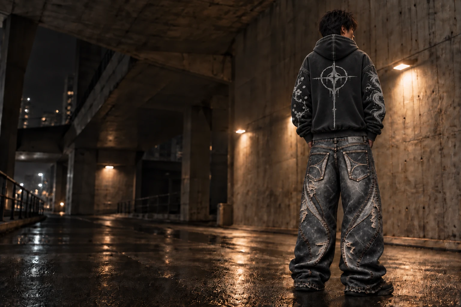 TKYO STYLE editorial concept, a figure in graphite streetwear under a Tokyo overpass